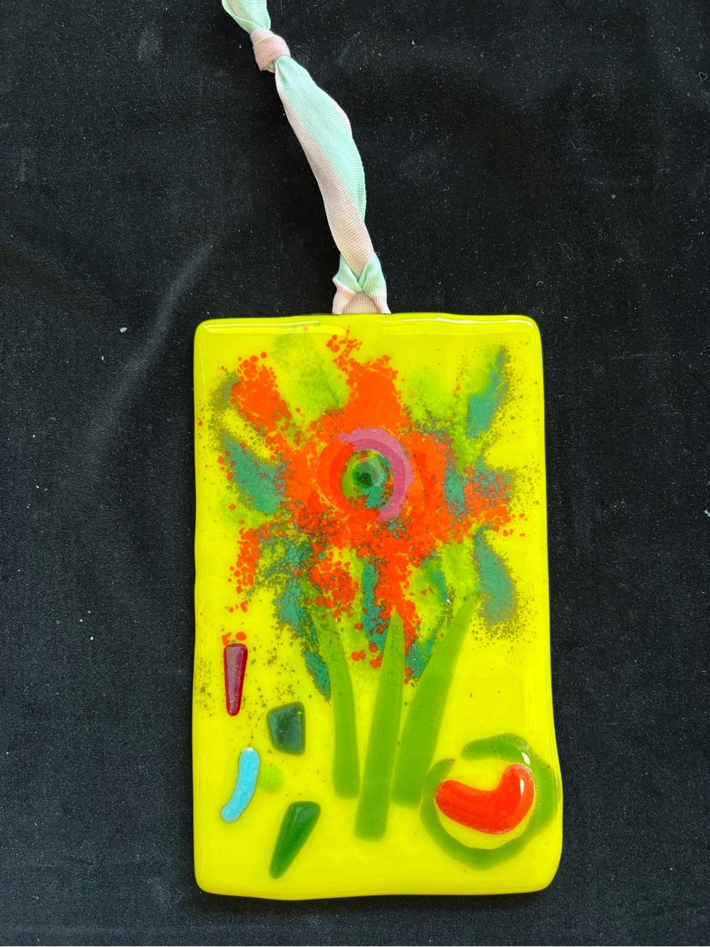 “Wild Flower”Fused Art Glass Hanging Plaque 8”x 5” On Bright Yellow